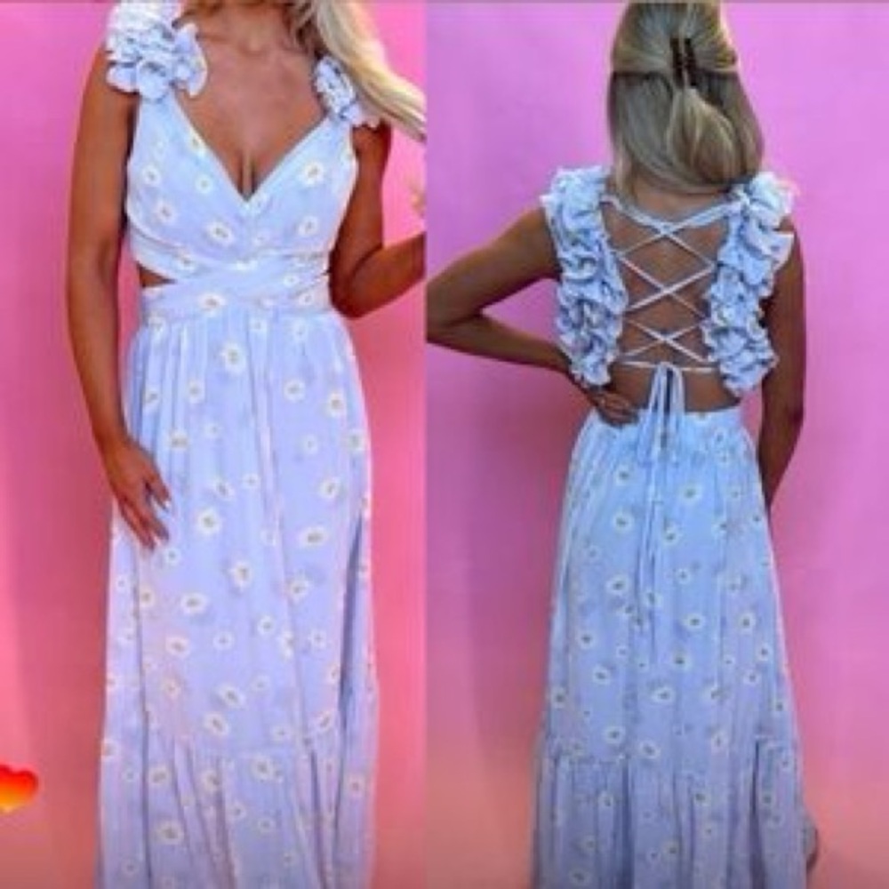 These Three Boutique periwinkle sunflower cutout ruffle tie back maxi dress NWT